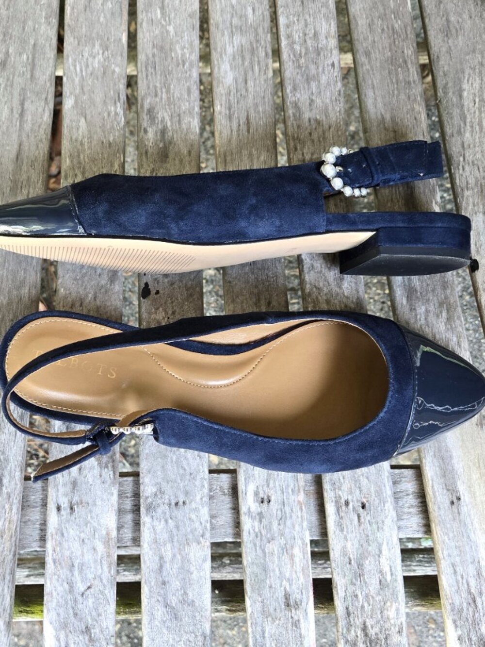 TALBOTS Edison Navy Blue Suede Patent Leather Slingbacks Flats 8.5 - Picture 2 of 4